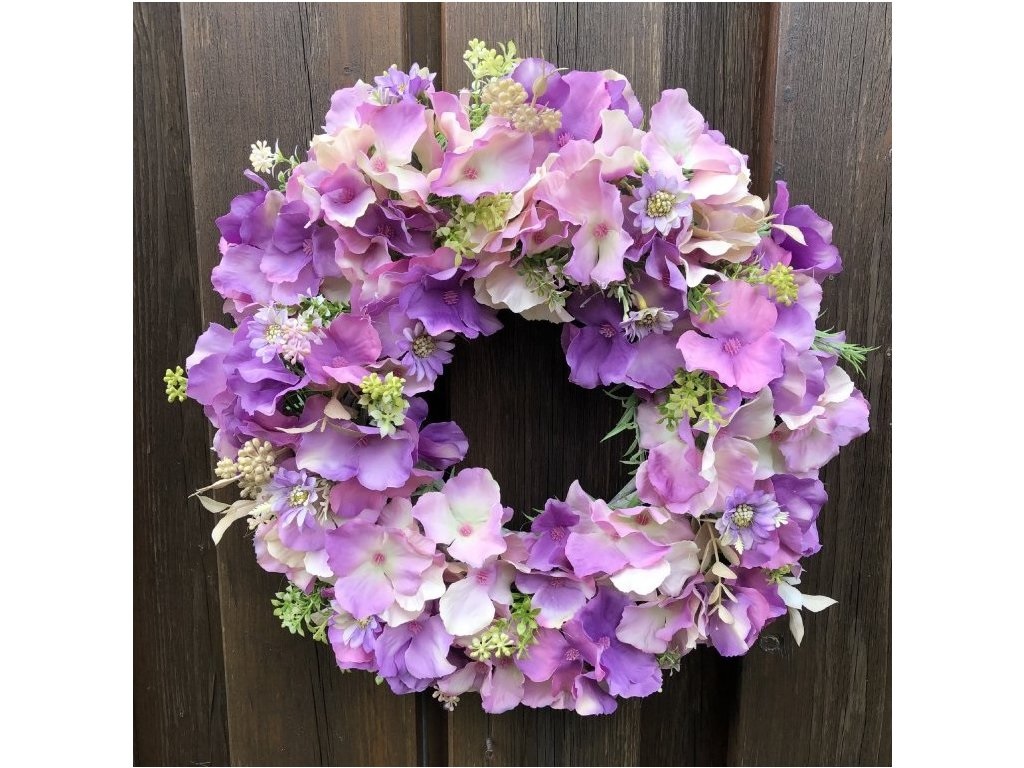 Celoroční věnec na dveře fialové hortenzie 35 cm